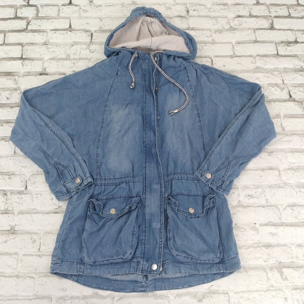 I Heart 47 Jacket Womens Small Blue Chambray Utility Drawstring Tie Waist Zip Up